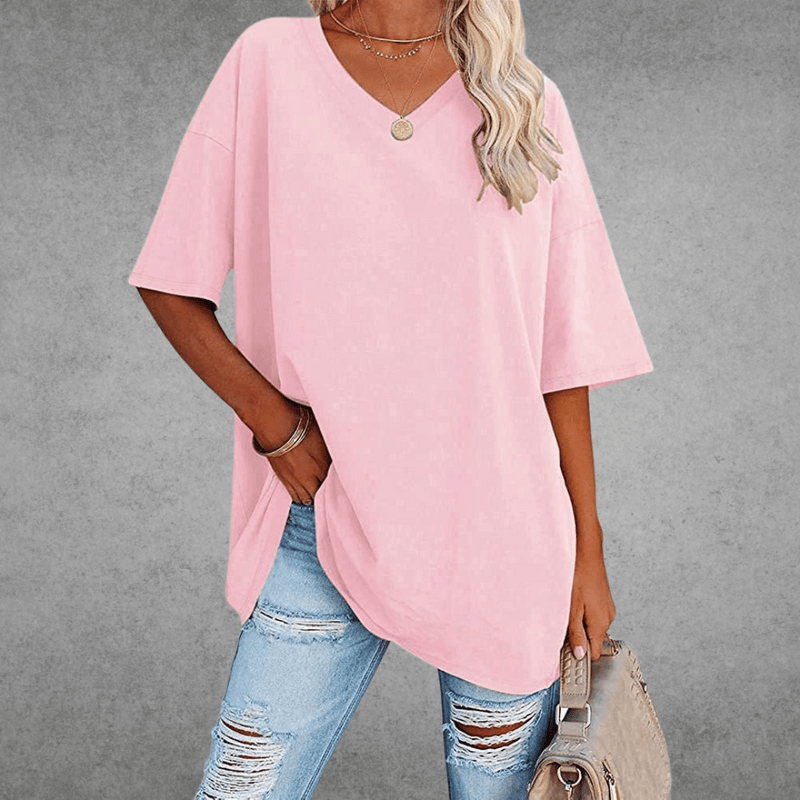 Top Dame Oversize T-shirt med V-hals, Bomuld i Rosa, produktbillede