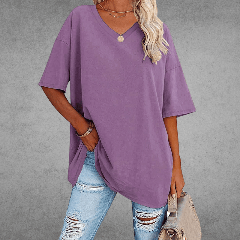 Top Dame Oversize T-shirt med V-hals, Bomuld i Lilla Print, produktbillede