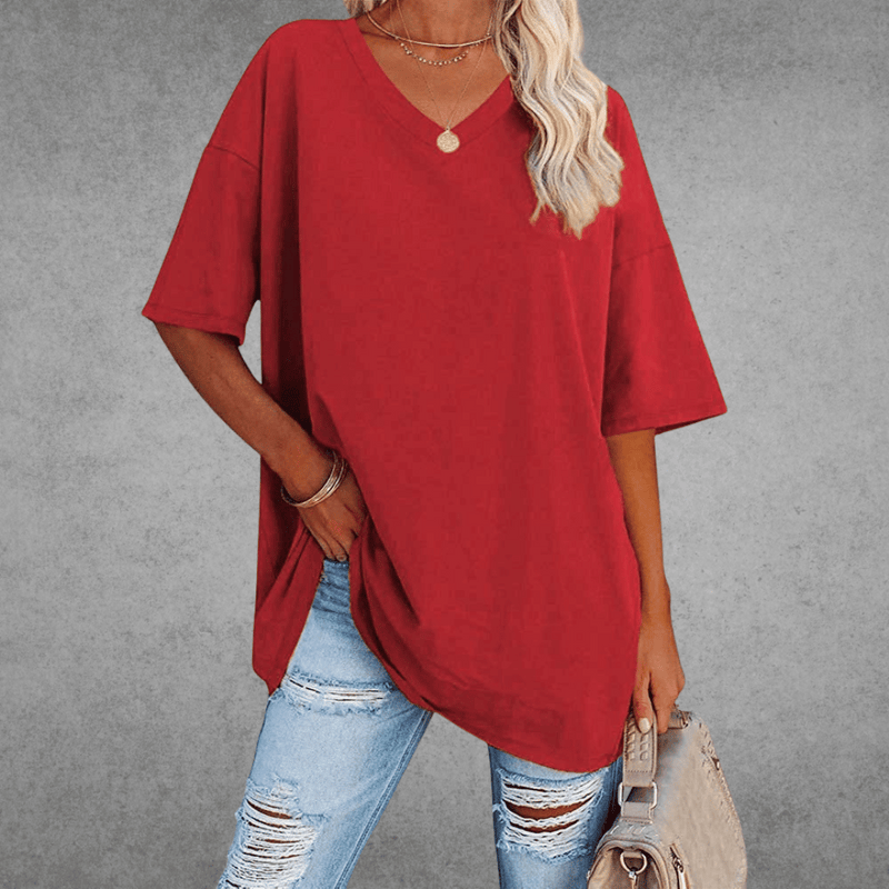 Top Dame Oversize T-shirt med V-hals, Bomuld i Rød, produktbillede