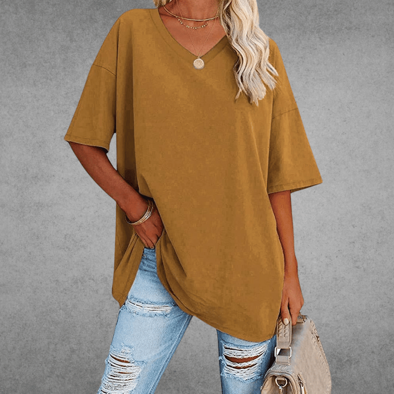 Top Dame Oversize T-shirt med V-hals, Bomuld i Brun, produktbillede