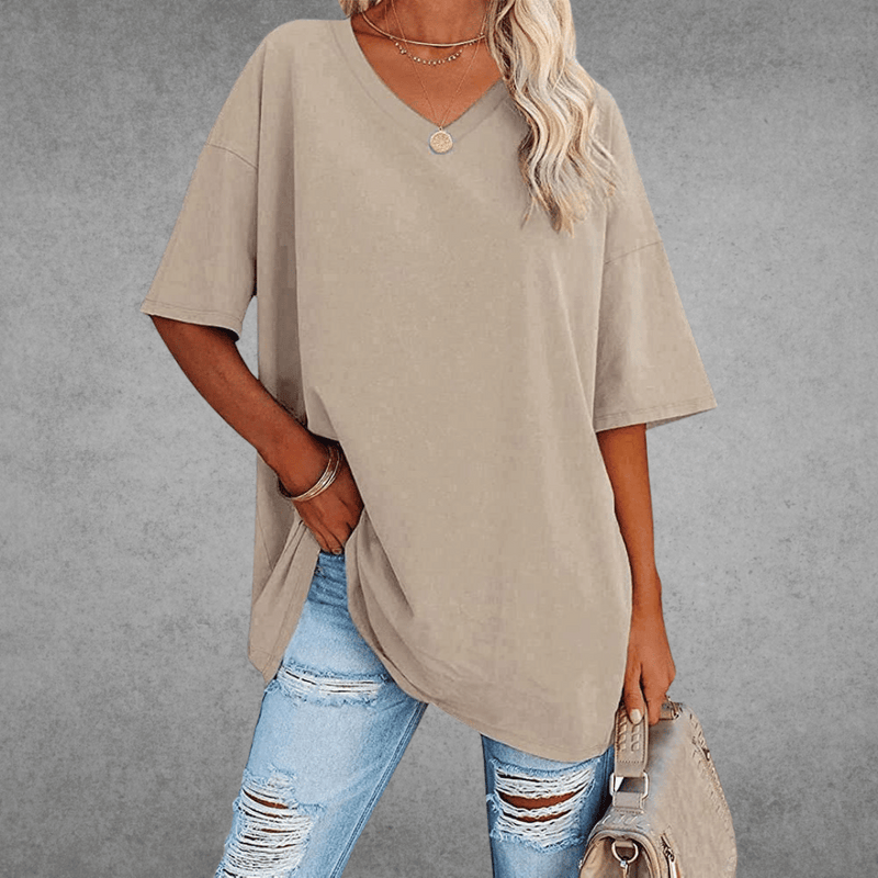 Top Dame Oversize T-shirt med V-hals, Bomuld i Beige, produktbillede