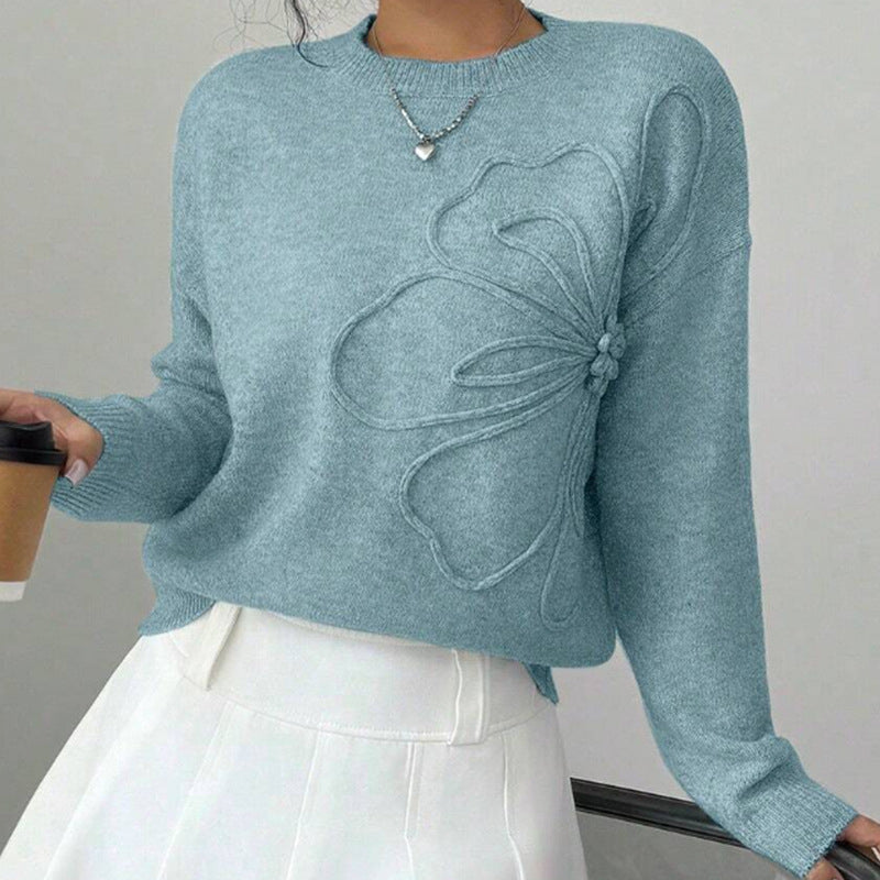 Noemie | Sweater med Blomsterrelief i Blå, nærbillede