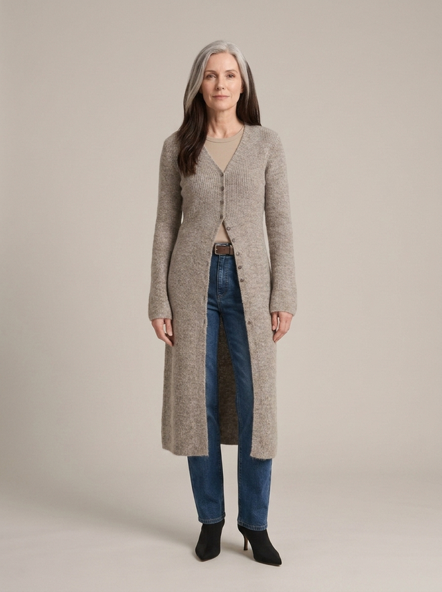 Noor | Maxicardigan i Ribstrik i Taupe, forfra
