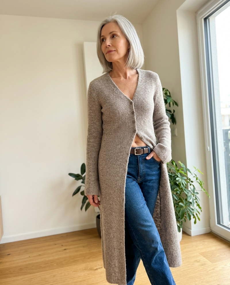 Noor | Maxicardigan i Ribstrik i Taupe, lifestyle