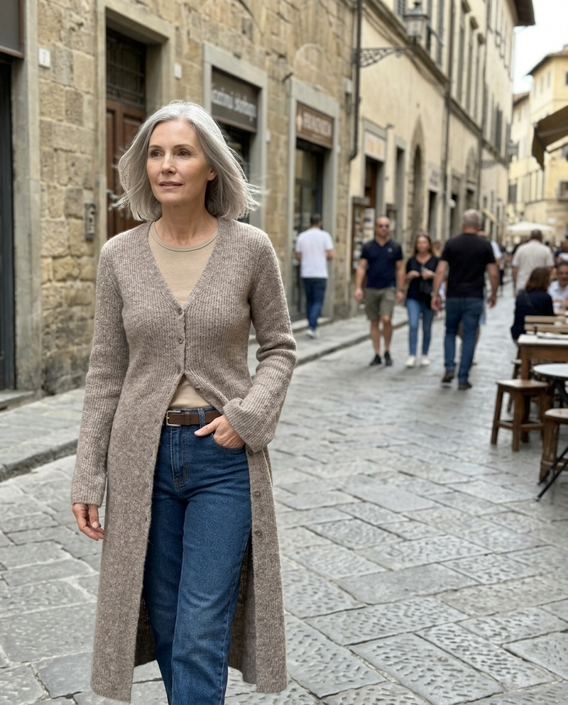 Noor | Maxicardigan i Ribstrik i Taupe, lifestyle