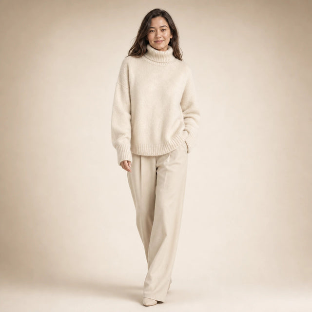 Nora | Women's Turtleneck Sweater, Cashmere-Feel Knit in Beige, view 3