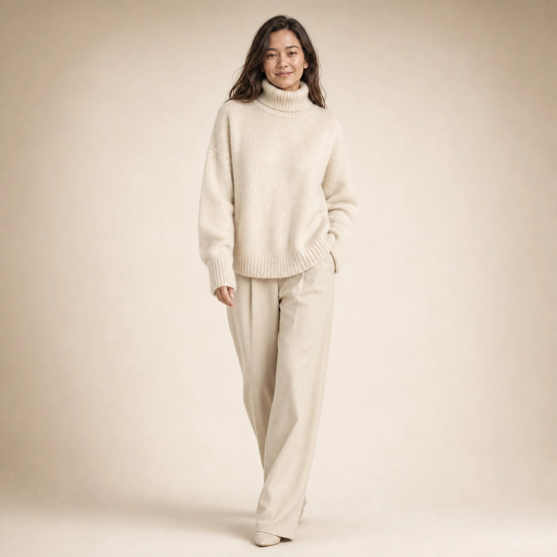 Nora | Women's Turtleneck Sweater, Cashmere-Feel Knit in Beige, view 3