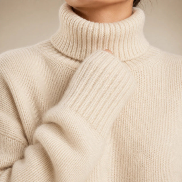 Nora | Women's Turtleneck Sweater, Cashmere-Feel Knit in Beige, view 4