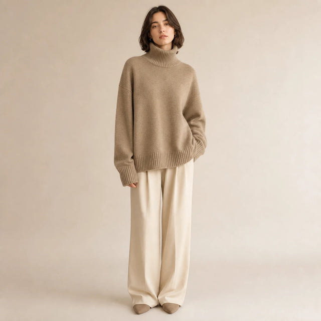 Nora | Women's Turtleneck Sweater, Cashmere-Feel Knit in Khaki, view 1