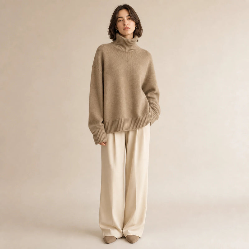 Nora | Women's Turtleneck Sweater, Cashmere-Feel Knit in Khaki, view 1