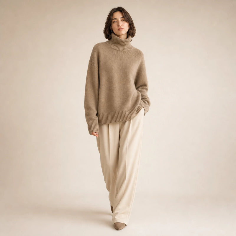Nora | Women's Turtleneck Sweater, Cashmere-Feel Knit in Khaki, view 3