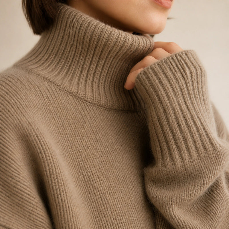 Nora | Women's Turtleneck Sweater, Cashmere-Feel Knit in Khaki, view 4
