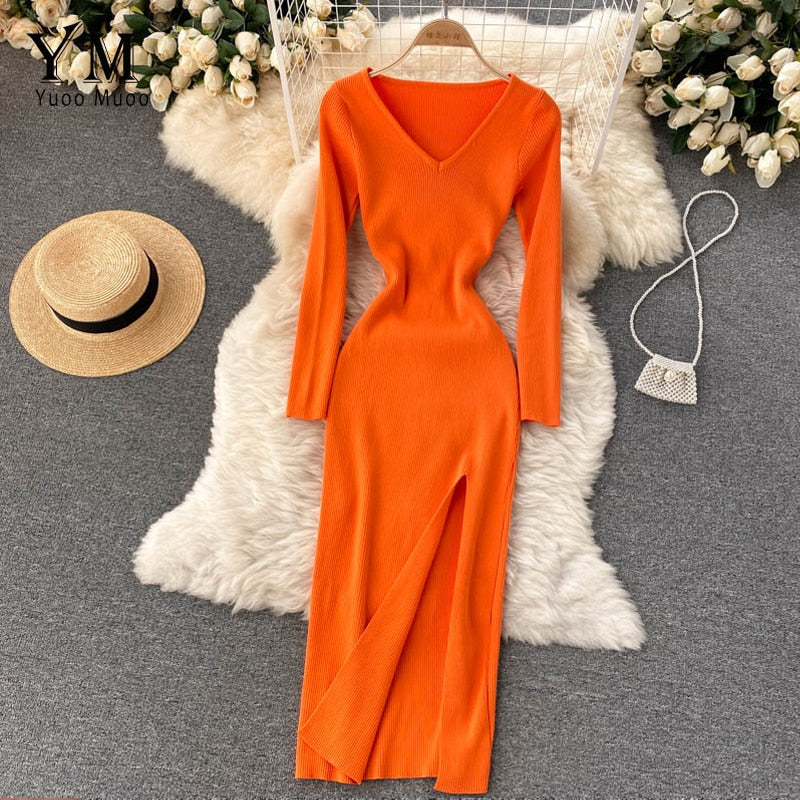 Strikkjoler Dame Ribstrikket Bodycon med Slids i Orange, produktbillede