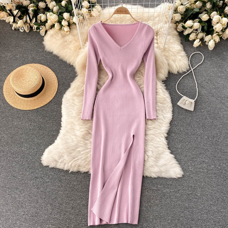 Strikkjoler Dame Ribstrikket Bodycon med Slids i Lys Rosa, produktbillede