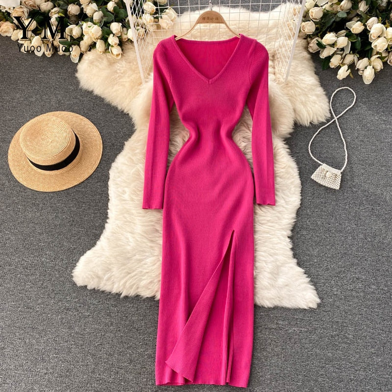 Strikkjoler Dame Ribstrikket Bodycon med Slids i Knaldrosa, produktbillede