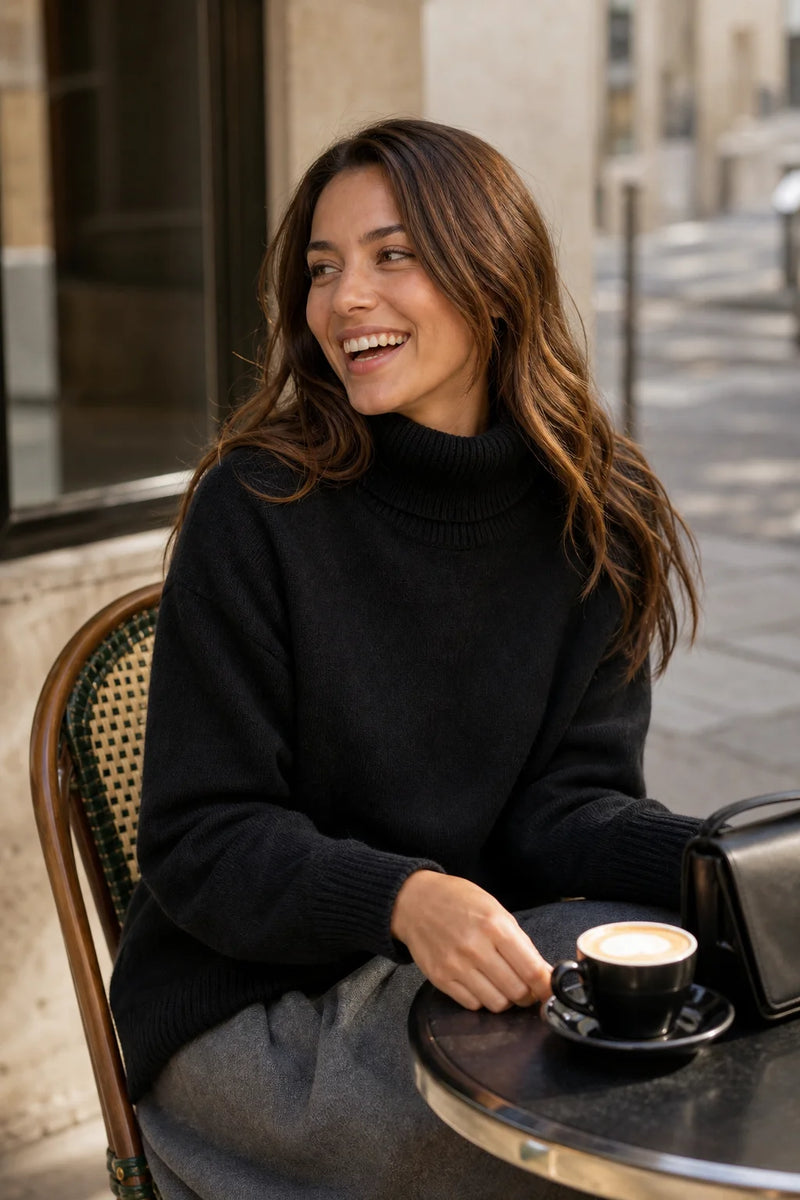 SOFAINE-V7-LIFE-Nova | Cashmere-Feel Turtleneck Sweater in Black, café scene
