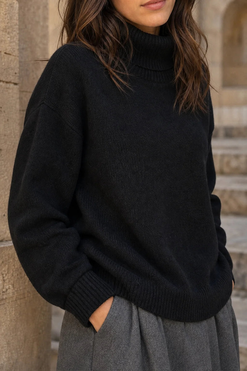 SOFAINE-V7-LIFE-Nova | Cashmere-Feel Turtleneck Sweater in Black, detail close-up
