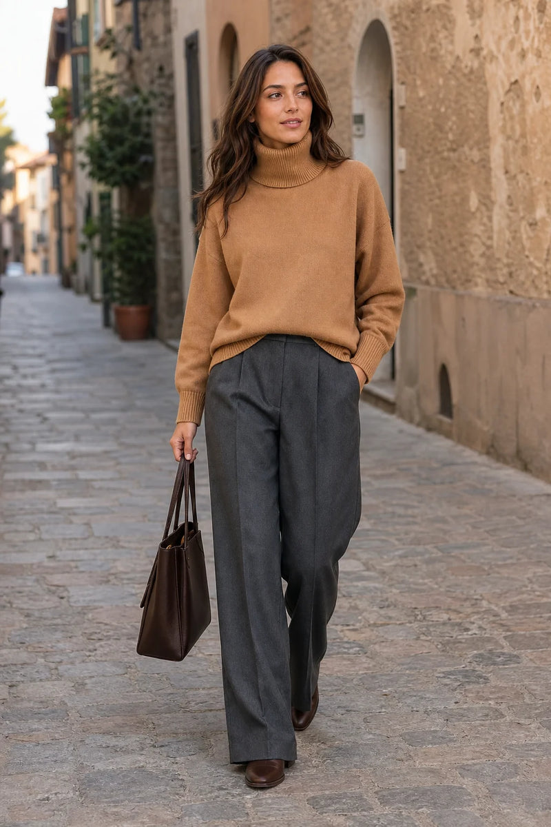 SOFAINE-V7-LIFE-Nova | Cashmere-Feel Turtleneck Sweater in Khaki, street-style view