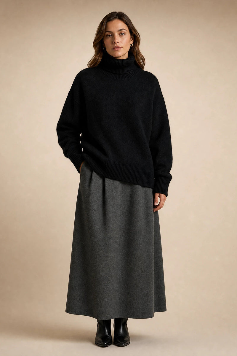 Nova | Cashmere-Feel Turtleneck Sweater in Black, studio front view