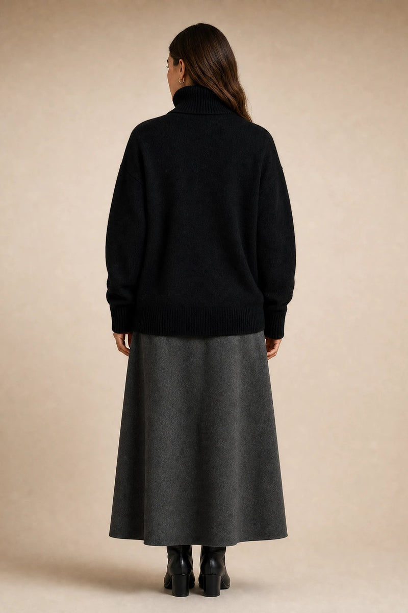 Nova | Cashmere-Feel Turtleneck Sweater in Black, studio side view