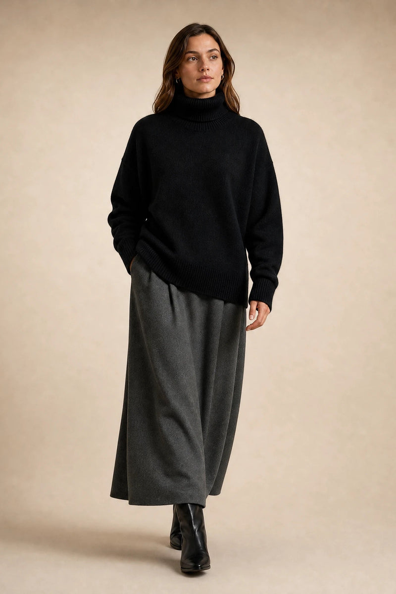 Nova | Cashmere-Feel Turtleneck Sweater in Black, studio back view