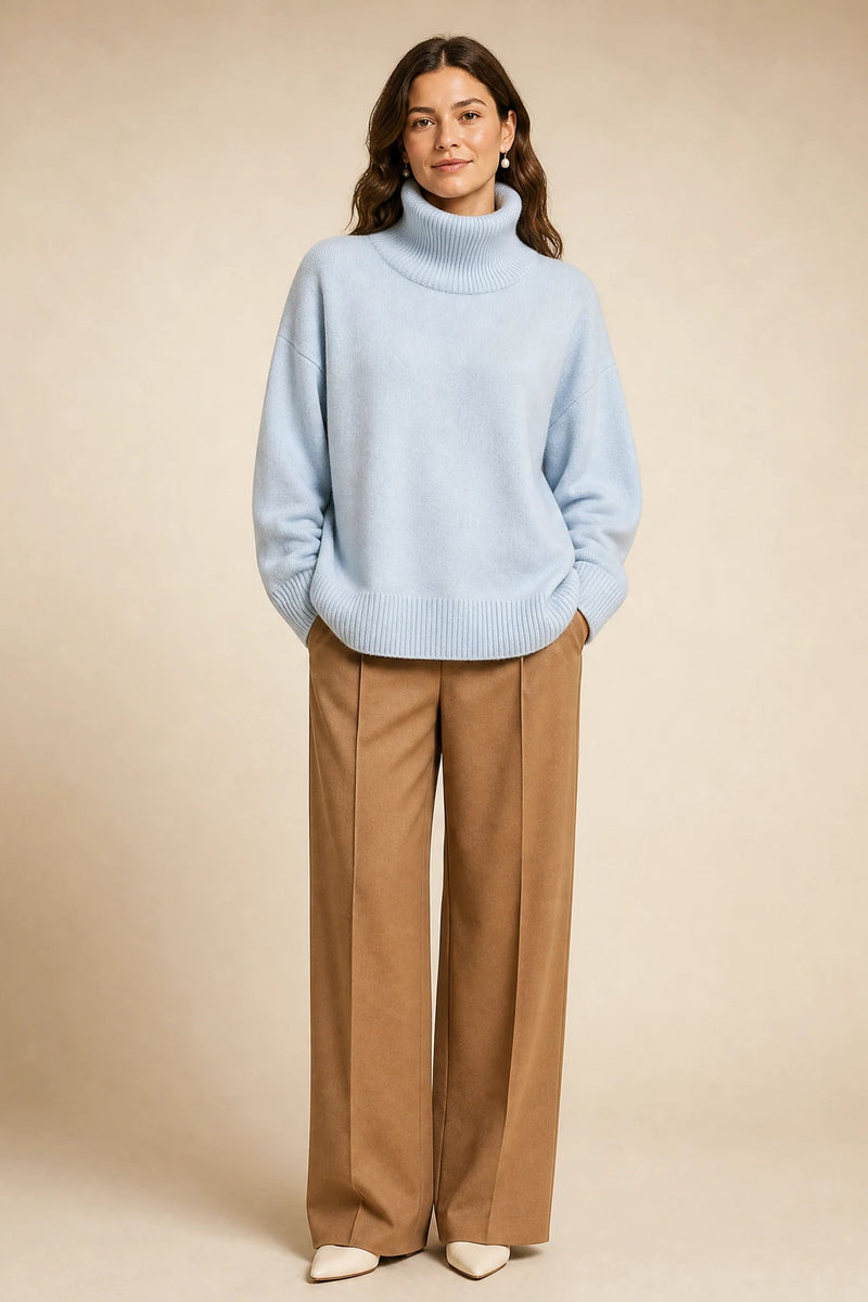 Nova | Cashmere-Feel Turtleneck Sweater in Blue, studio front view