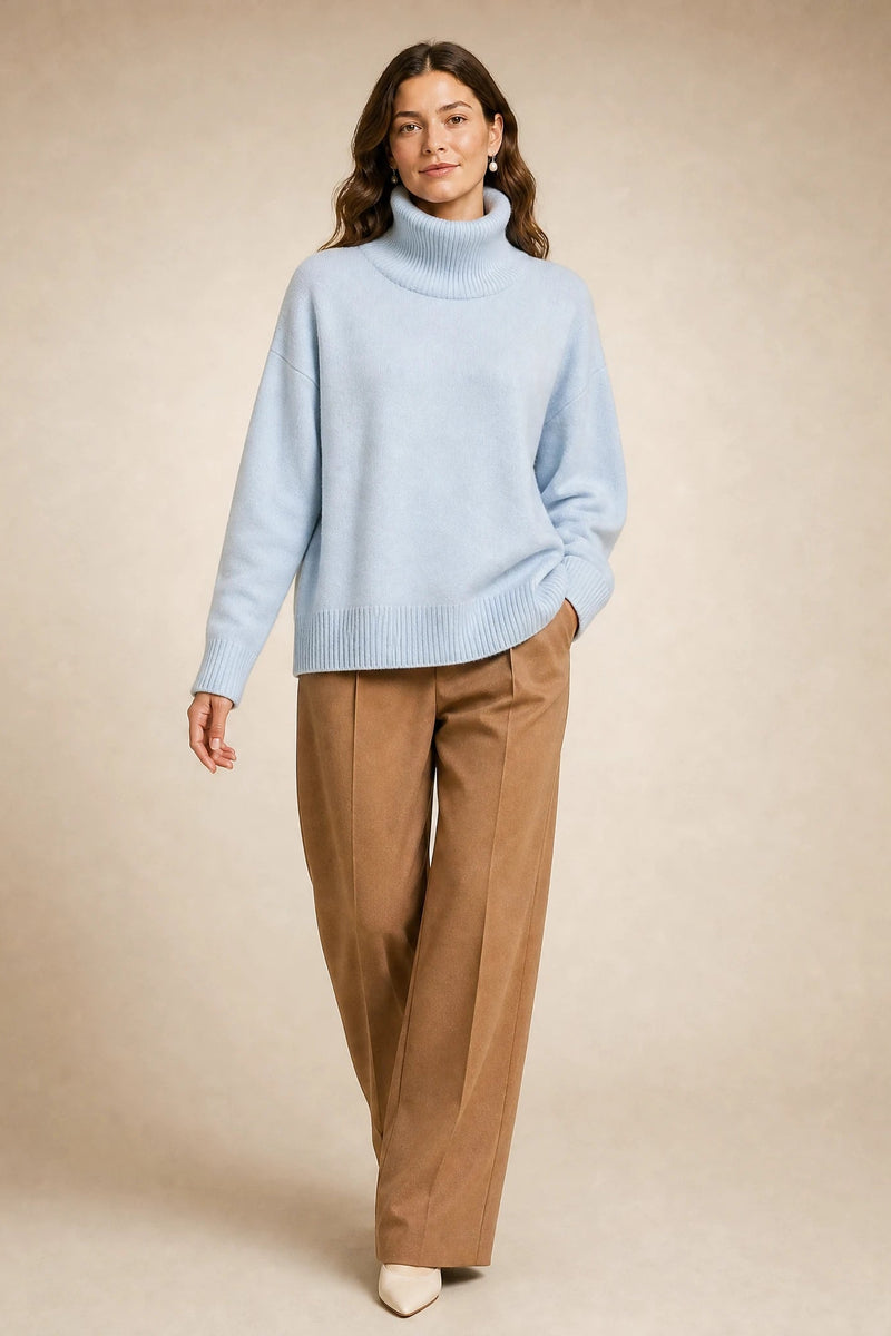 Nova | Cashmere-Feel Turtleneck Sweater in Blue, studio back view