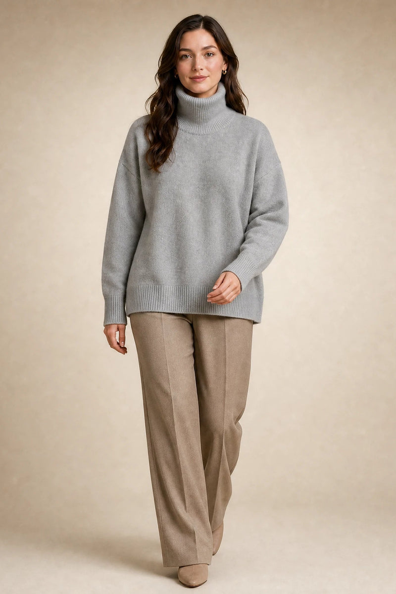 Nova | Cashmere-Feel Turtleneck Sweater in Gray, studio back view