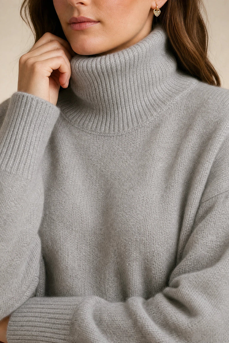 Nova | Cashmere-Feel Turtleneck Sweater in Gray, fabric close-up