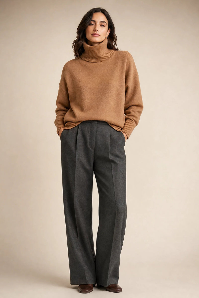 Nova | Cashmere-Feel Turtleneck Sweater in Khaki, studio front view
