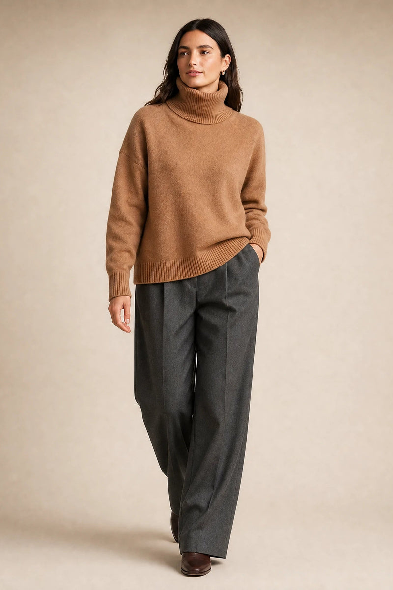 Nova | Cashmere-Feel Turtleneck Sweater in Khaki, studio back view