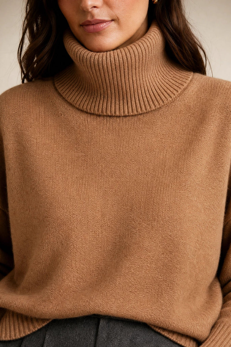 Nova | Cashmere-Feel Turtleneck Sweater in Khaki, fabric close-up