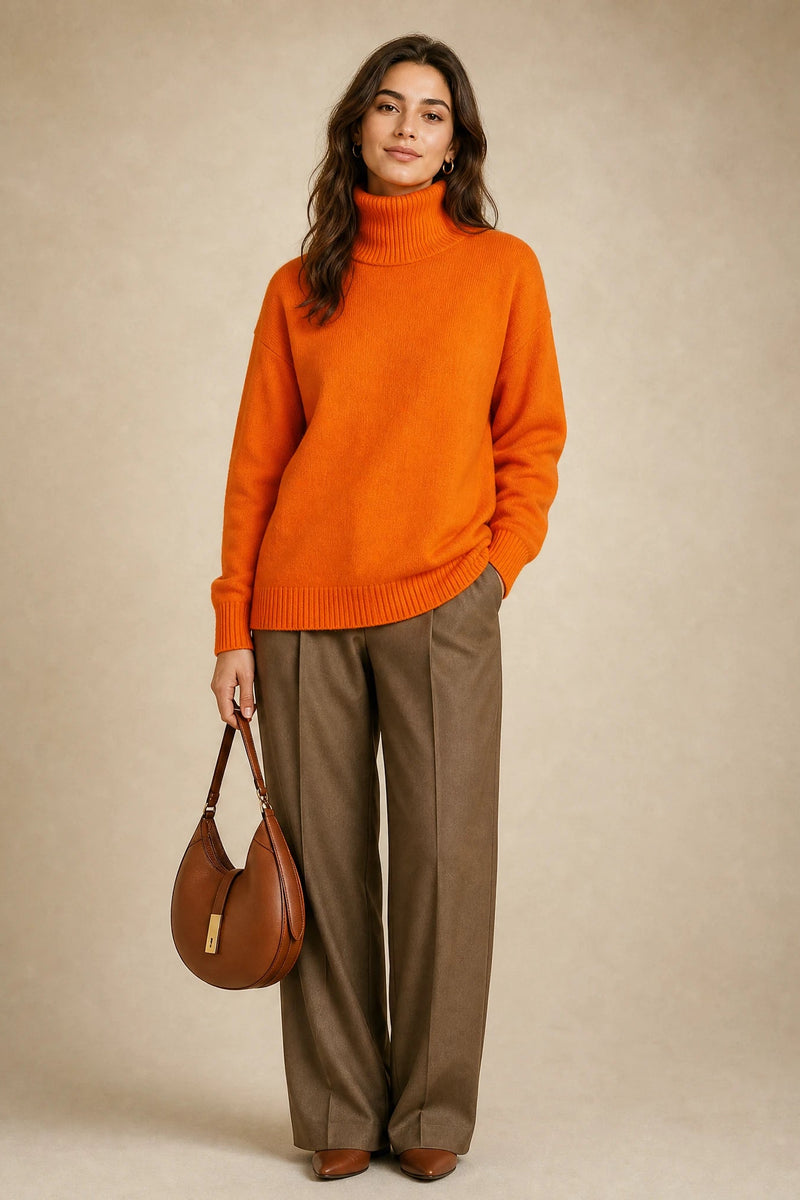 Nova | Cashmere-Feel Turtleneck Sweater in Orange, studio front view