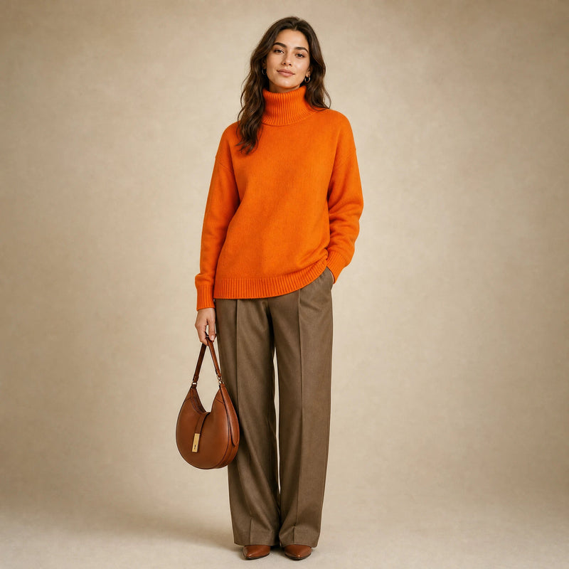 Nova | Women's Cashmere-Feel Turtleneck Sweater in Orange, view 1