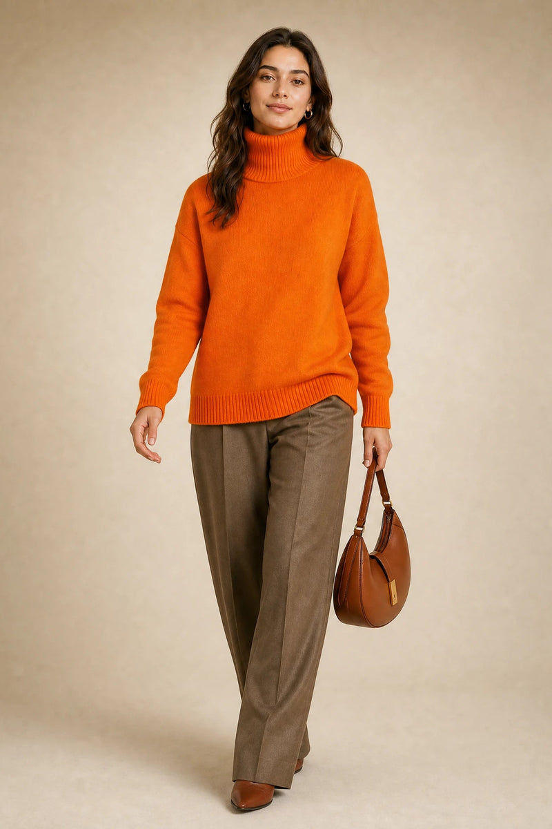 Nova | Cashmere-Feel Turtleneck Sweater in Orange, studio back view