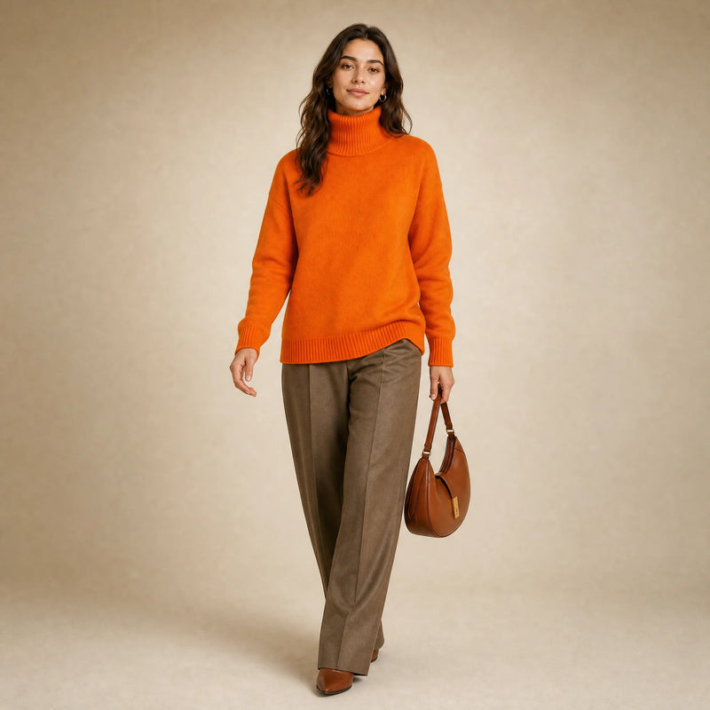 Nova | Women's Cashmere-Feel Turtleneck Sweater in Orange, view 3