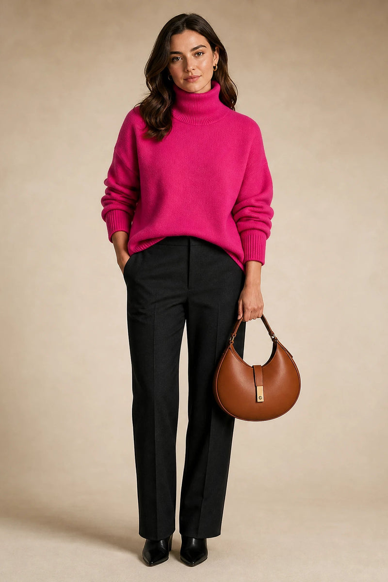 Nova | Cashmere-Feel Turtleneck Sweater in Pink, studio front view