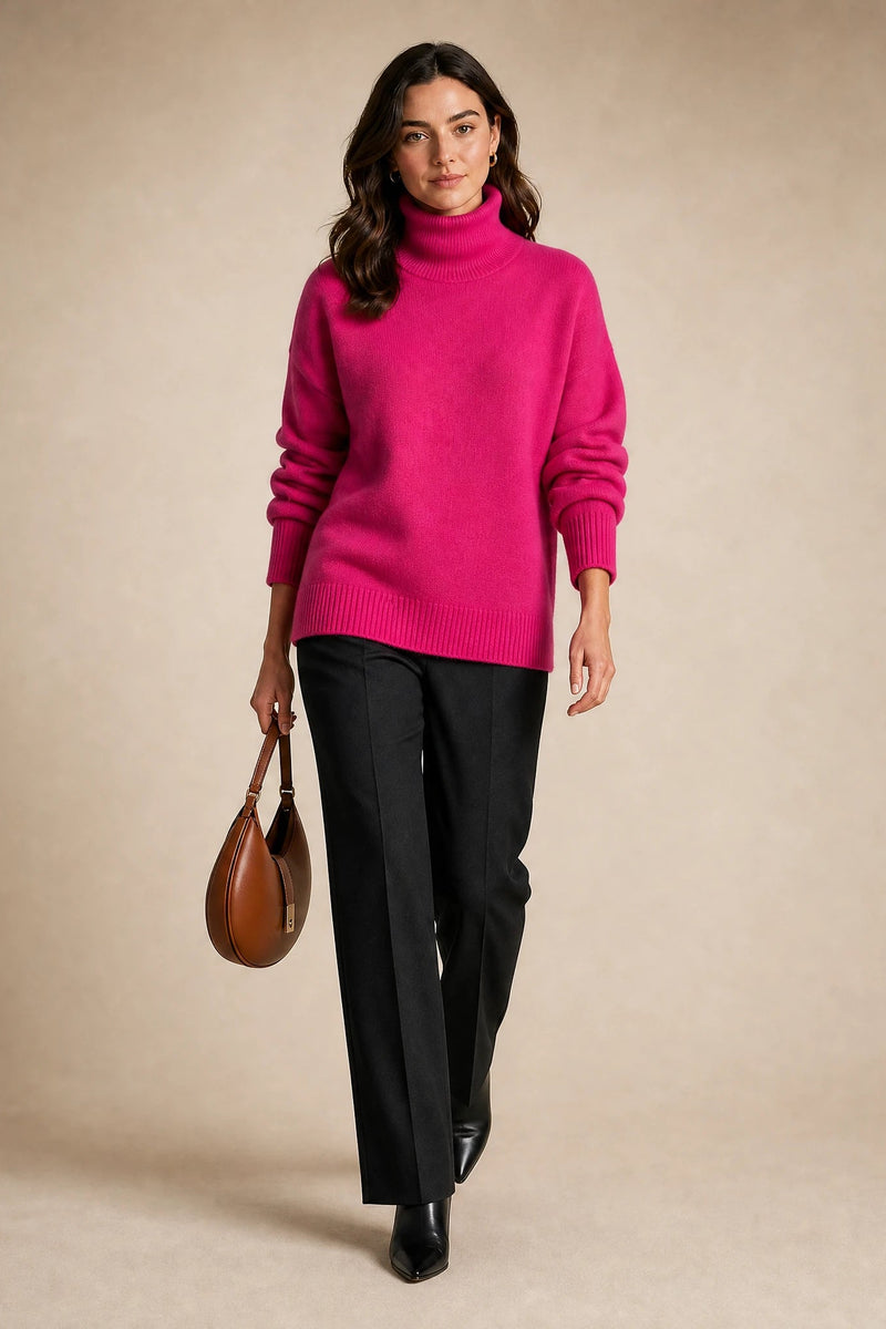 Nova | Cashmere-Feel Turtleneck Sweater in Pink, studio back view