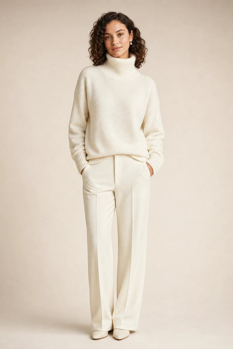 Nova | Cashmere-Feel Turtleneck Sweater in White, studio front view