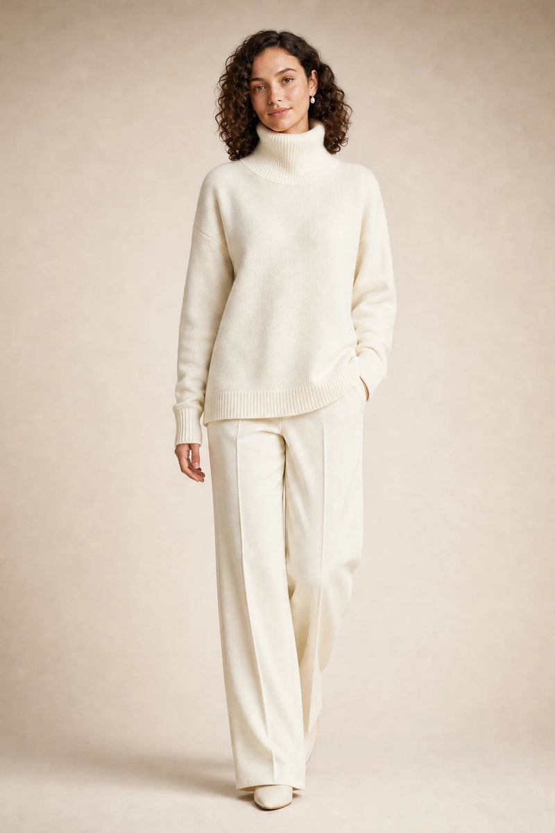 Nova | Cashmere-Feel Turtleneck Sweater in White, studio back view