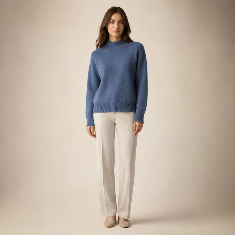 Olivia | Women's Cashmere-Feel Mock Neck Sweater, Classic Fit in Blue, view 1