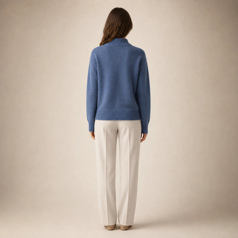 Olivia | Women's Cashmere-Feel Mock Neck Sweater, Classic Fit in Blue, view 2