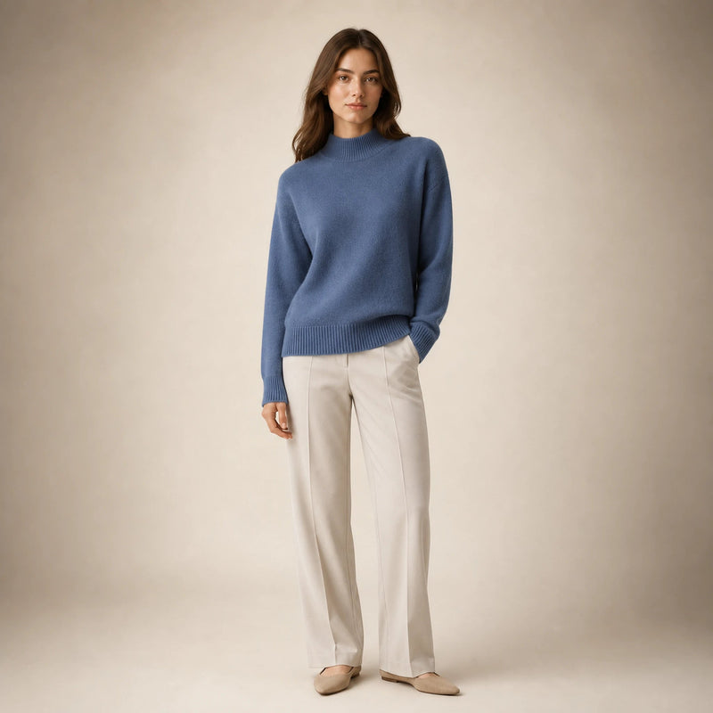 Olivia | Women's Cashmere-Feel Mock Neck Sweater, Classic Fit in Blue, view 4