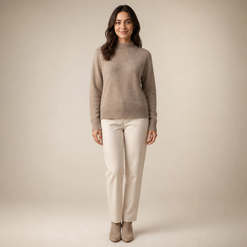 Olivia | Women's Cashmere-Feel Mock Neck Sweater, Classic Fit in Brown, view 1