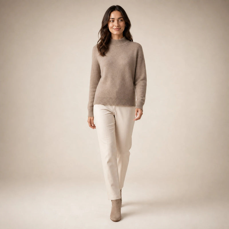 Olivia | Women's Cashmere-Feel Mock Neck Sweater, Classic Fit in Brown, view 3