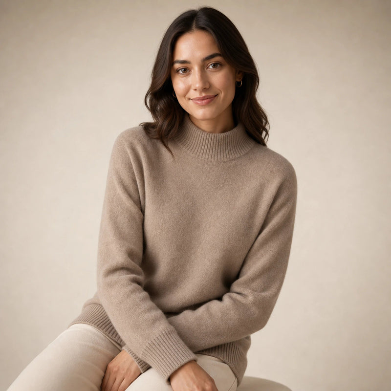 Olivia | Women's Cashmere-Feel Mock Neck Sweater, Classic Fit in Brown, view 4
