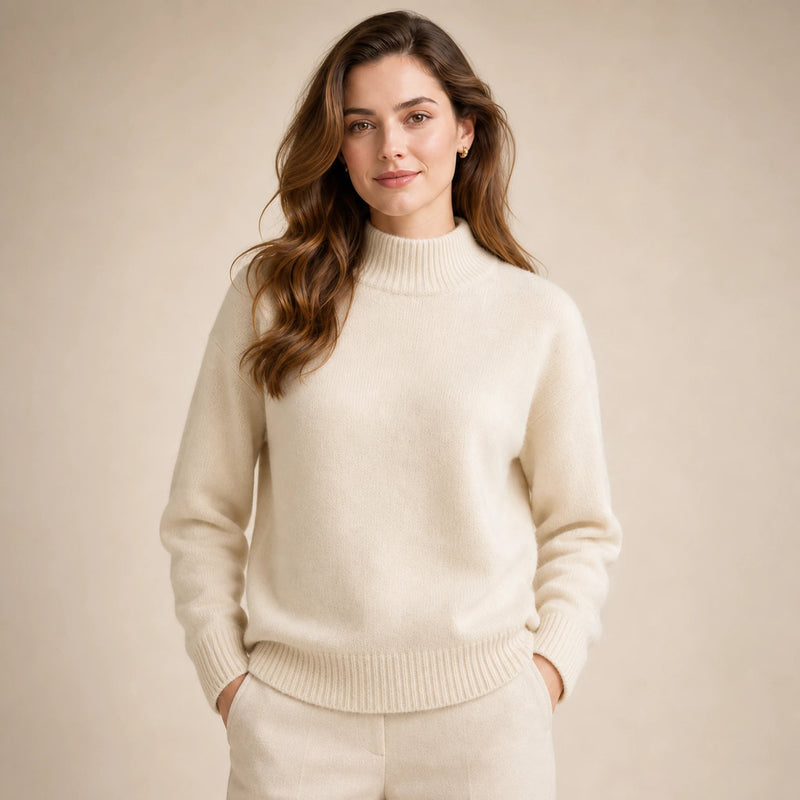 Olivia | Women's Cashmere-Feel Mock Neck Sweater, Classic Fit in Cream, view 4