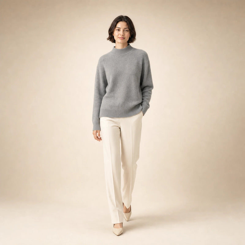 Olivia | Women's Cashmere-Feel Mock Neck Sweater, Classic Fit in Gray, view 3