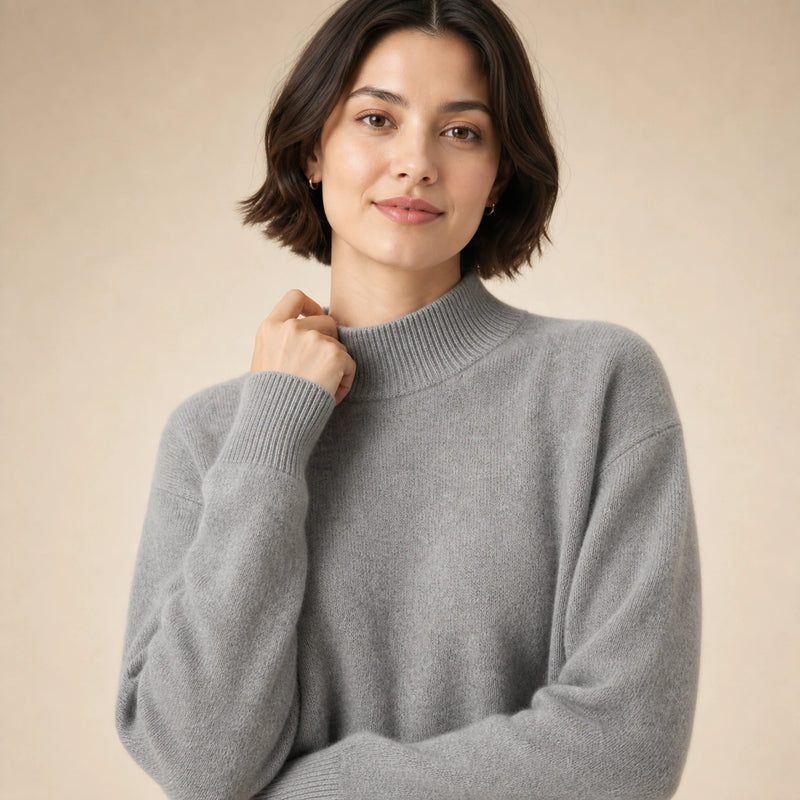 Olivia | Women's Cashmere-Feel Mock Neck Sweater, Classic Fit in Gray, view 4