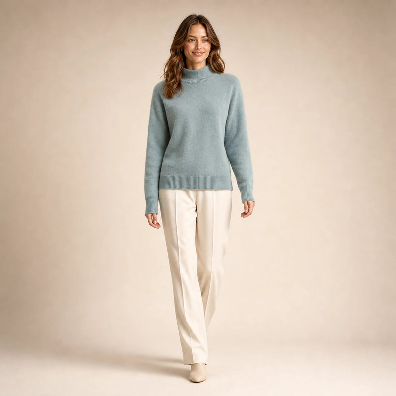 Olivia | Women's Cashmere-Feel Mock Neck Sweater, Classic Fit in Green, view 3